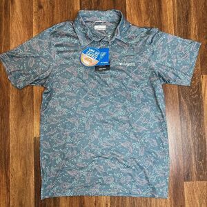 Columbia Super Slack Tide Stretch Canyon Blue Fish Print Polo